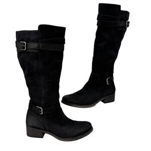 Seychelles Tall Riding Boots Womens Size 8 Black Leather Harness Buckle Side Zip